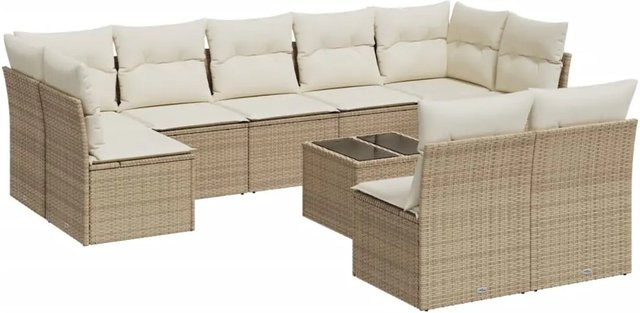 vidaXL 10-teilige Garten-Sofagarnitur in U-Form aus Poly-Rattan mit Kissen in Beige-Creme - Bild 1
