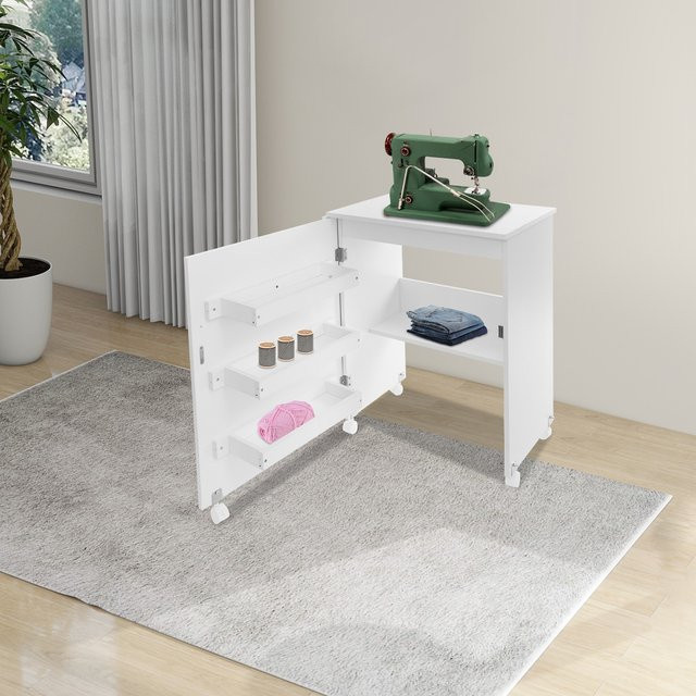 Bymaocar Klappbarer Nähtisch mit Rollen und Ablagefach in Weiß, Rollender Nähmaschinenschreibtisch aus MDF für Schlafzimmer und Home Office - Bild 1