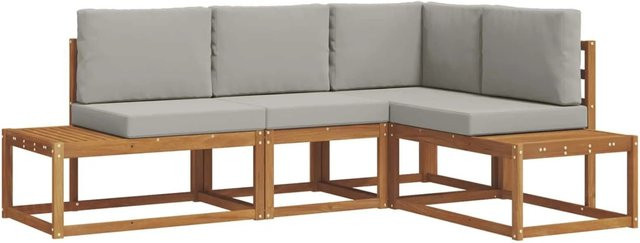 vidaXL 4-tlg. Outdoor-Sofagarnitur L-Form aus Akazienholz mit Kissen in Natur und Hellgrau - Bild 1