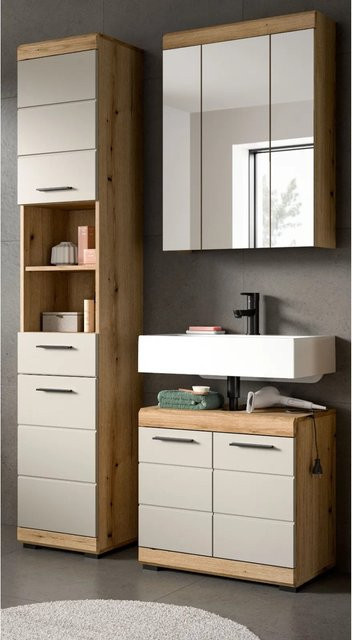 Inn.Furn Badmöbel Set Shawn 3-teilig in Sand und Eiche mit Hochschrank, Spiegelschrank und Waschbeckenunterschrank, Breite: 112 cm - Bild 1