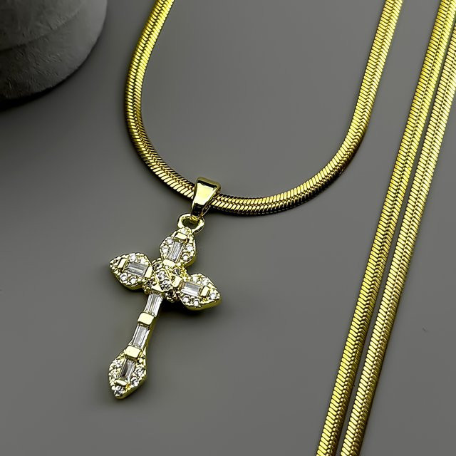 JYTF Halskette mit Kreuz-Anhänger, Edelstahl, Gold, Kristall, Damen - Bild 1