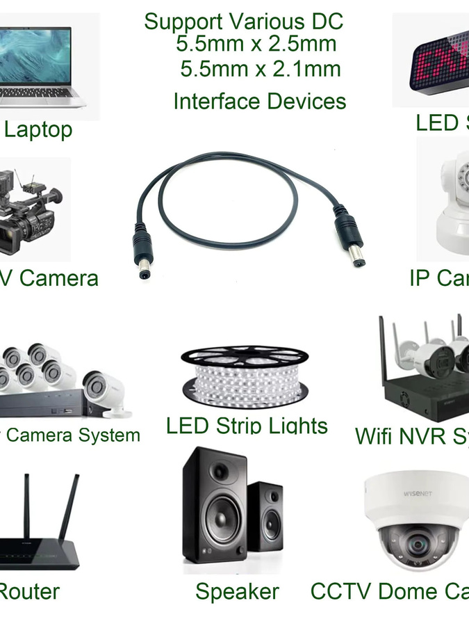 UpperFu DC-Stromkabel Schwarz mit 5,5 mm x 2,5 mm auf 2,1 mm Stecker, 18AWG Kabel für LED-Streifen und CCTV-Überwachungskameras - Bild 5