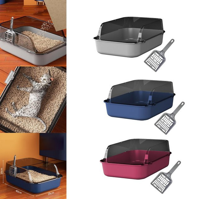 Kesoto Offene Katzentoilette in Blau und Multicolour, spritzwassergeschützte halbgeschlossene Katzentoilette für junge und ältere Katzen - Bild 1
