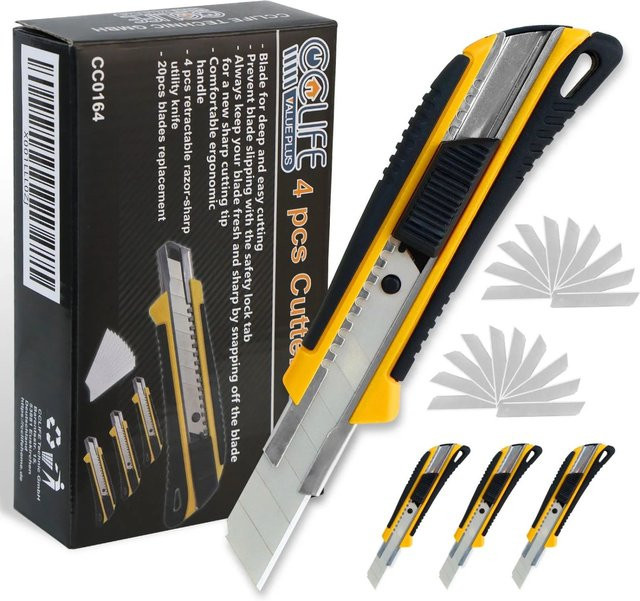 CCLIFE 4er Set Cuttermesser 18mm in Gelb mit 20 Abbrechklingen aus Edelstahl als Mehrzweck-Kartonmesser und Teppichmesser - Bild 1