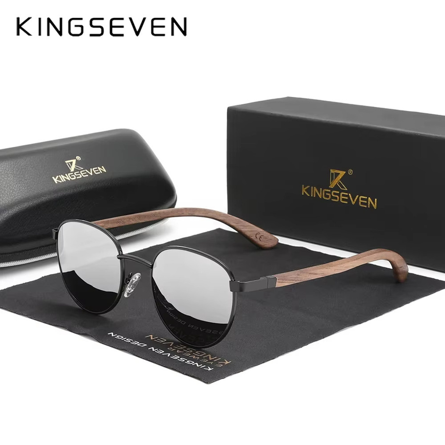 KINGSEVEN Sonnenbrille, Holz, Vollrand, Rund, Schwarz, Unisex, polarisiert, verspiegelt - Bild 4