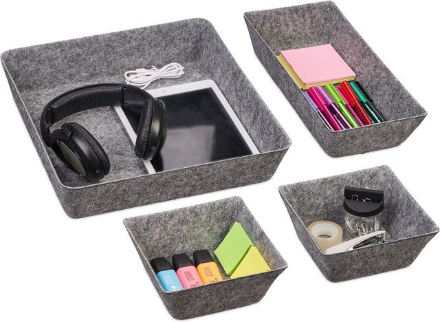 Relaxdays Schubladen Organizer aus Filz, 4-teilig, Grau, B/T/H: 33,5 x 33,5 x 7,5 cm - Bild 1