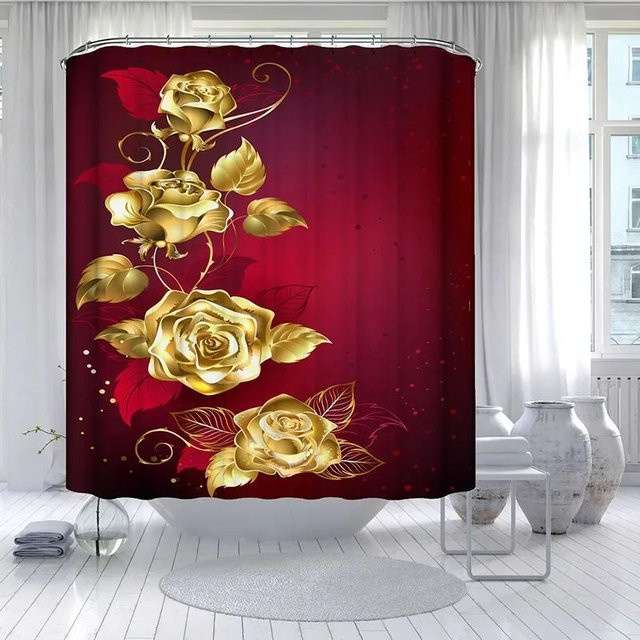 Yiran Furniture Duschvorhang mit Rosenmuster und Haken in Rot, Polyester, B: 150 cm, H: 180 cm - Bild 1
