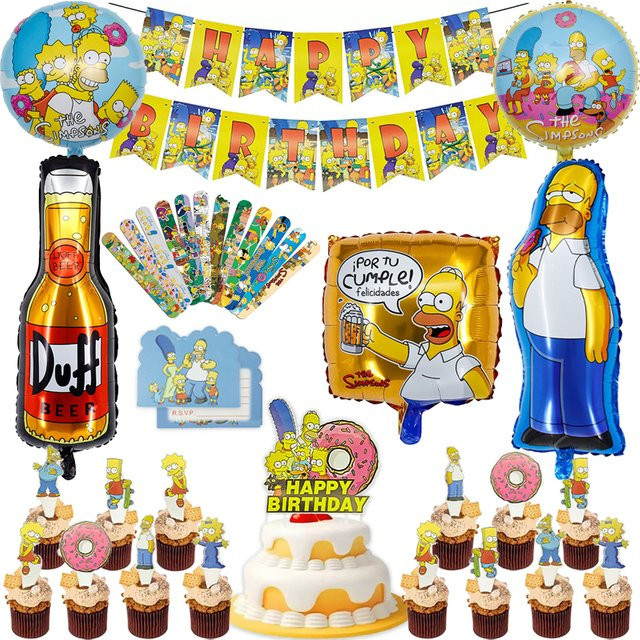 Potdemiel Simpson Party Dekorationsset in Gelb und Multicolour mit Happy Birthday Banner, Kuchenaufsatz und Ballons für Geburtstag oder Babyparty - Bild 1