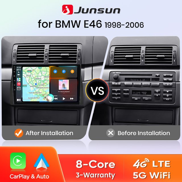 Junsun CarPlay und Android Auto Multimedia Radio für BMW 3er E46 (1998-2006) mit Bluetooth, GPS, WiFi und 4G in Schwarz - Bild 1