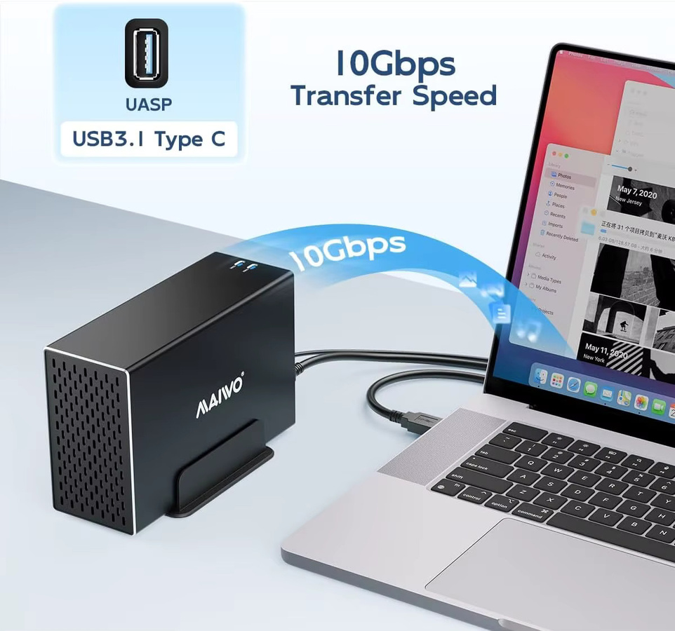 MAIWO Dual-Bay SATA RAID-Speichergehäuse für 2,5 und 3,5 Zoll HDD, 10Gbps, Schwarz - Bild 2