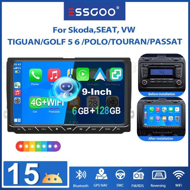 ESSGOO Android 15 Autoradio mit 9 Zoll Display, 6+128G Speicher, 4G LTE, kabelloses CarPlay, Android Auto, GPS und Bluetooth für VW Golf 5 6, Passat, Polo, Touran, Tiguan und Jetta, Schwarz - Bild 1