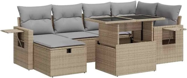 vidaXL 7-teilige Garten-Sofagarnitur aus Polyrattan in Beige mit Kissen und Couchtisch für Terrasse und Garten - Bild 1