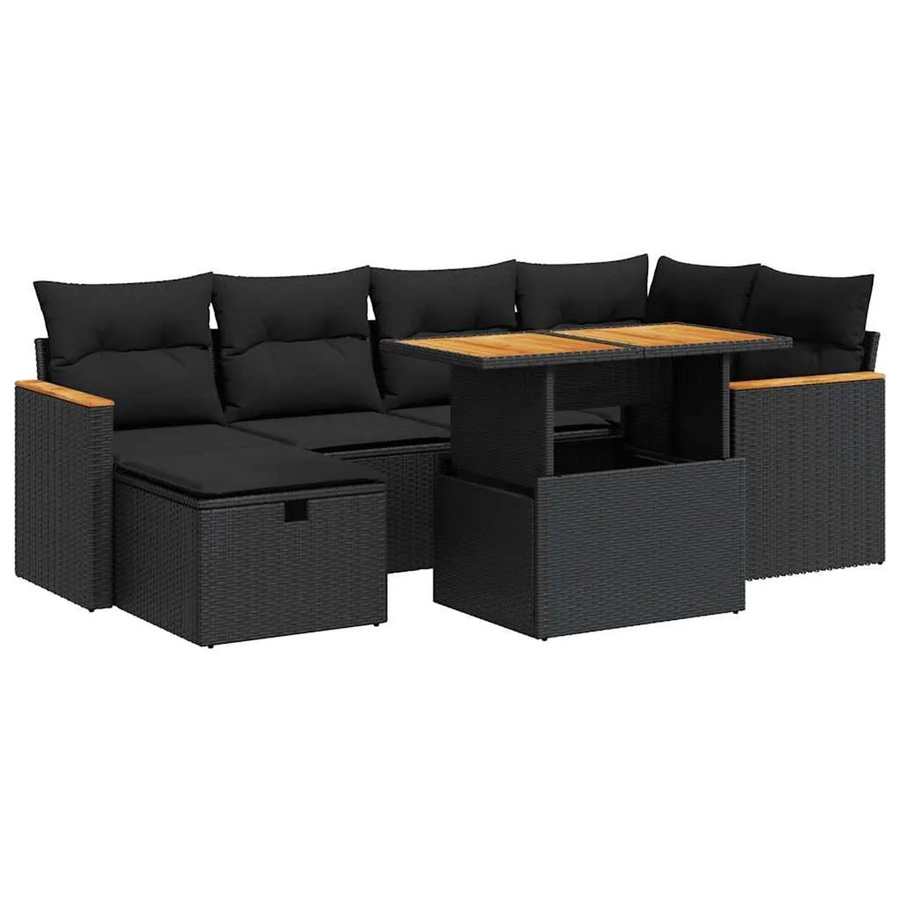vidaXL 8-tlg Garten-Sofagarnitur in L-Form aus schwarzem Poly-Rattan mit beigen Kissen und pulverbeschichtetem Stahlgestell - Bild 2