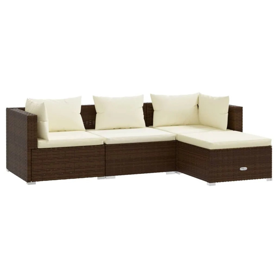 vidaXL 4-tlg. Garten-Lounge-Set in L-Form aus braunem Poly-Rattan mit beigen Kissen und pulverbeschichtetem Stahlgestell - Bild 2