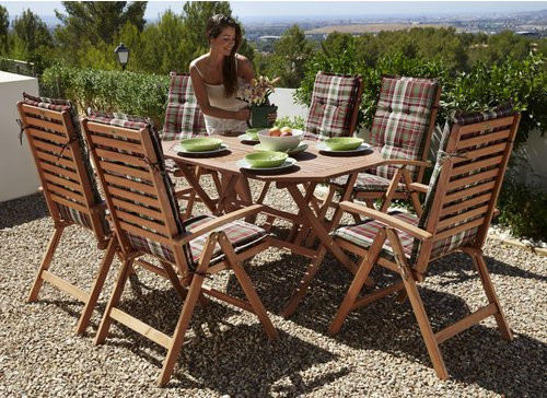 Merxx Gartenmöbelset Borkum aus Eukalyptusholz, 13-teilig mit 6 Klappsesseln, Auflagen und Klapptisch, B/T: 135 x 85 cm, beige/rot kariert - Bild 2