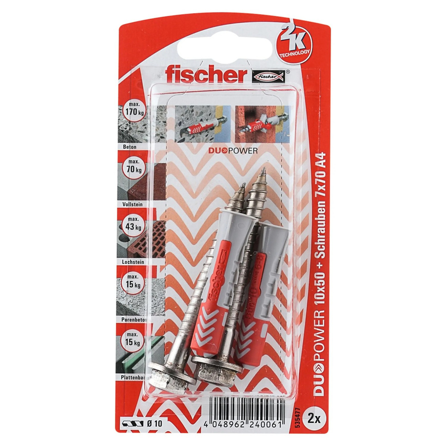 Fischer DuoPower Dübel Set mit Schrauben, Ø 10 mm x 50 mm, Farben: Grau/Rot, 2 Stück - Bild 2