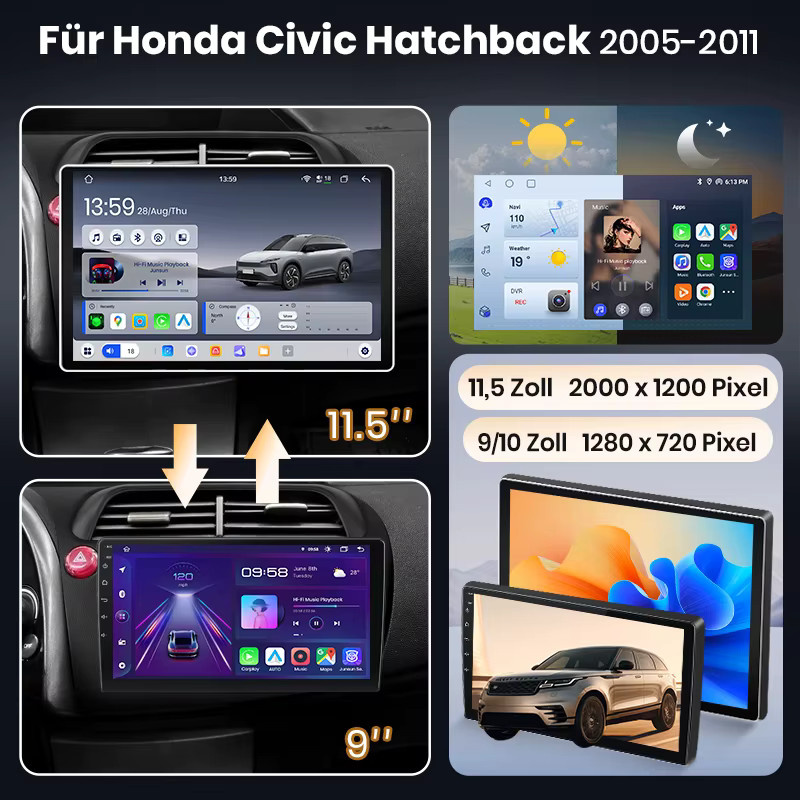 Junsun Android 15 Autoradio für Honda Civic Hatchback 2005-2011 mit 9 Zoll IPS-Bildschirm, kabelloses Apple CarPlay, Stereo-Multimedia-Videoplayer in Schwarz - Bild 2