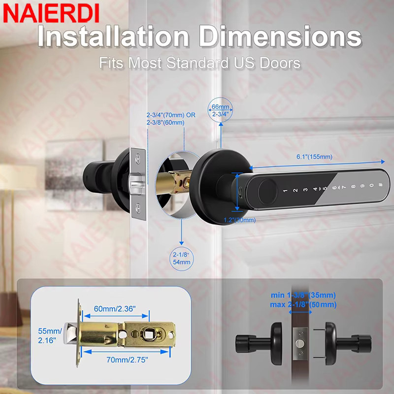 NAIERDI Smart-Fingerabdruck-Türschloss in Schwarz mit Tuya APP, Bluetooth, Tastatur und Karte für Zuhause, Wohnung und Schlafzimmer - Bild 5