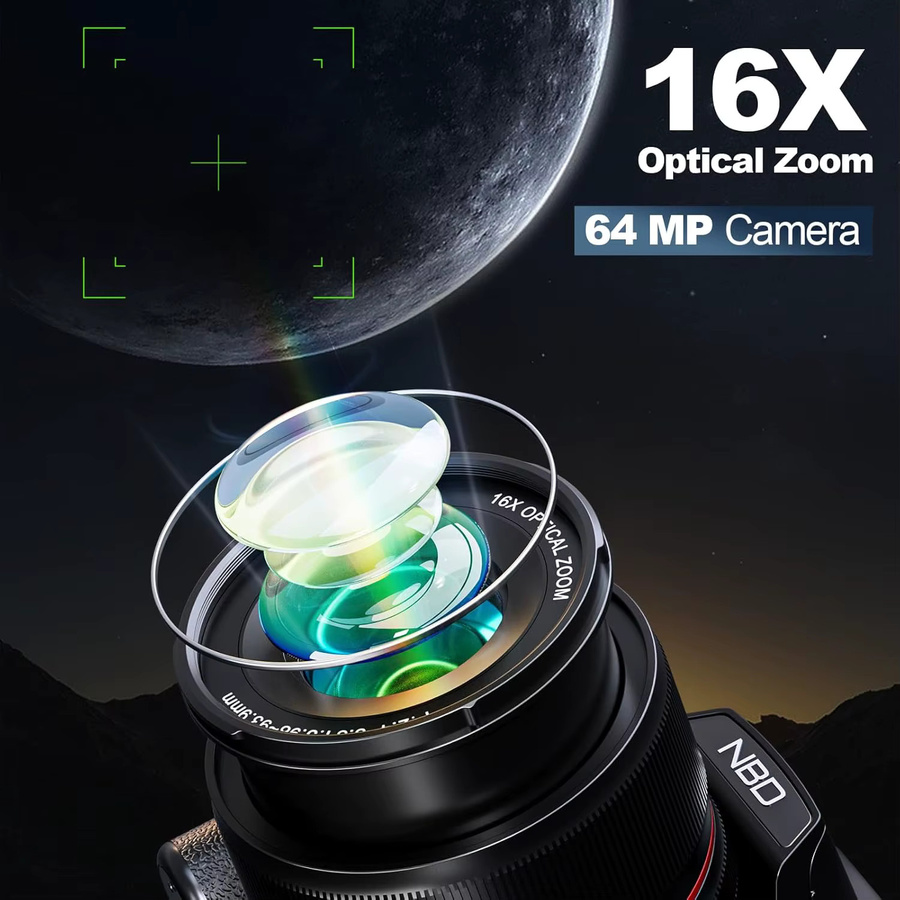 NBD 5K Digitalkamera in Schwarz mit 16-fachem optischem Zoom, WLAN und App-Steuerung sowie 180 Grad drehbarem Bildschirm für Fotografie und Vlogging - Bild 2
