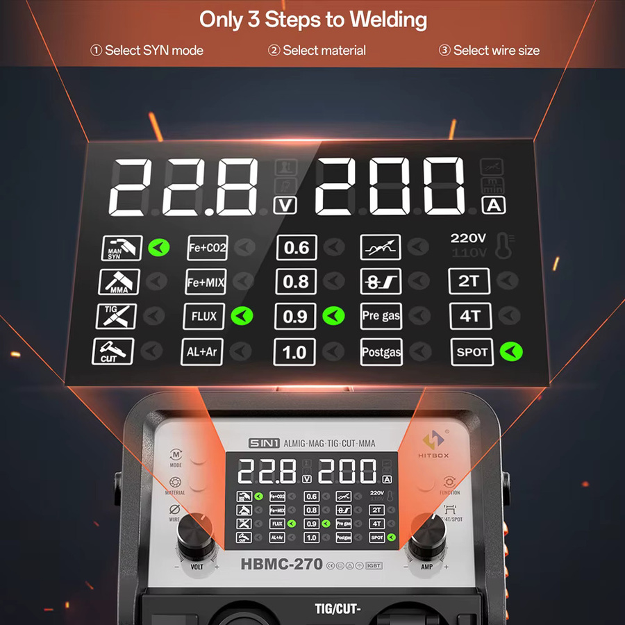 HITBOX HBMC270 Aluminium-Schweißgerät mit Synergic-Steuerung 6-in-1 Inverter-Puls-Schweißgerät für MIG, TIG, Stick, ARC, MMA, HF, Cut und Punktschweißen mit Hot Start, Arc Force, Anti-Stick und VRD - Bild 4