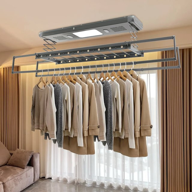 Elektrischer Smart Home Wäscheständer von Bymaocar in Grau mit LED-Licht und Fernbedienung zur Deckenmontage - Bild 1