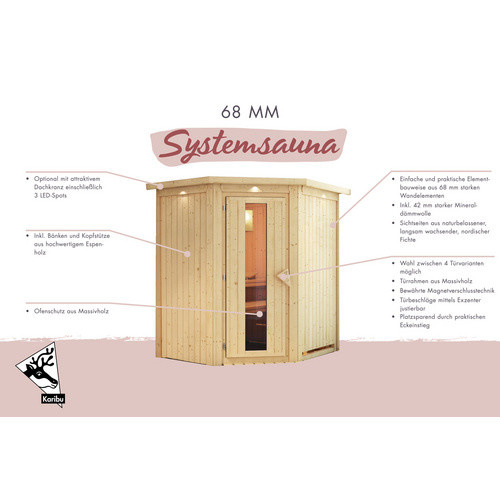 Karibu Sauna Narva für 3 Personen aus Fichte in Beige, B: 202,0 cm, T: 184,0 cm, H: 165,0 cm - Bild 2