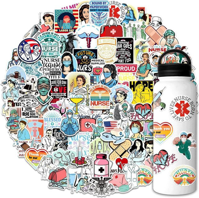 100 Cartoon Aufkleber Set zum Internationalen Tag der Pflegekräfte mit Stethoskop und Graffiti Motiven in Mehrfarbig - Bild 1