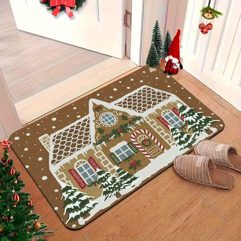 VIKAMA Weihnachtliche Bodenmatte mit Lebkuchenhaus Motiv, rutschfester Dekorteppich für den Eingangsbereich - Bild 2