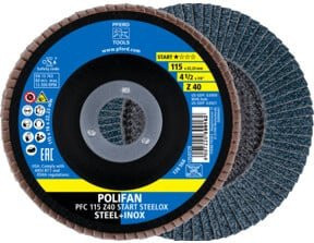 PFERD POLIFAN Fächerschleifscheibe START STEELOX für Stahl und Edelstahl, Durchmesser: 115 mm, Bohrungs-Ø: 22,23 mm, Körnung: 40, 10 Stück - Bild 2