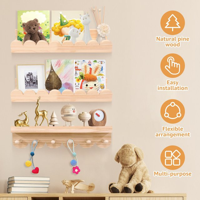 Willstar Wandregal aus Holz mit Haken in Beige, Schwimmendes Aufbewahrungsregal im skandinavischen Design für Wohnzimmer und Kinderzimmer - Bild 1