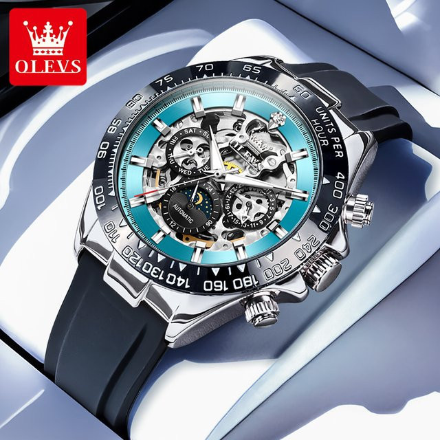 OLEVS Armbanduhr, Automatik, Skelett, Mondphase, Silikonarmband, Herren - Bild 1