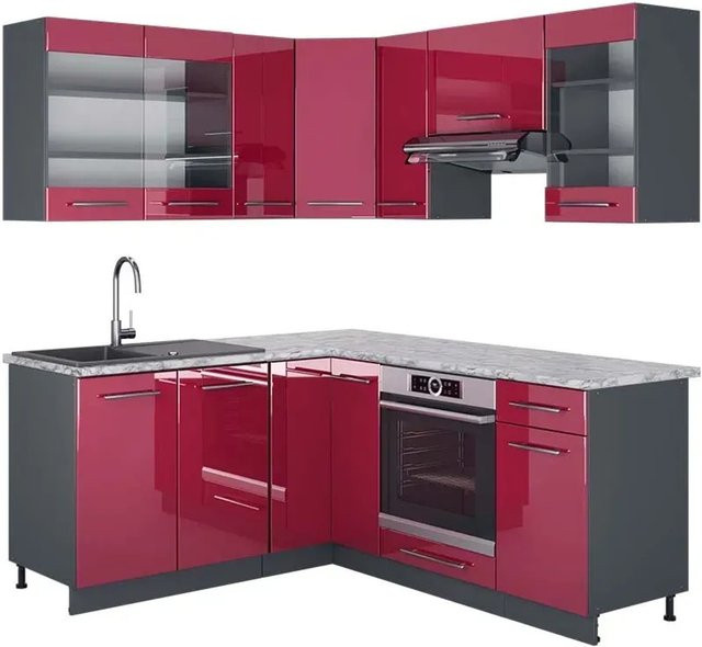 Vicco Fame-Line Eckküche in Bordeaux Hochglanz und Anthrazit mit Marmor-Optik, B/T/H: 160 x 190 cm - Bild 1