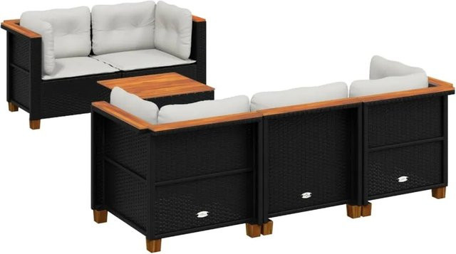 vidaXL 6-tlg Garten-Sofagarnitur aus Poly-Rattan und Akazienholz in Schwarz mit cremeweißen Kissen - Bild 1