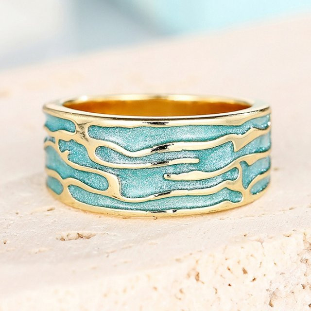 Huitan Ring, Messing, Gold, grüne Emaille, Damen - Bild 1
