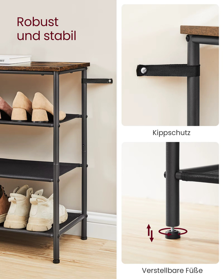 VASAGLE Schuhregal mit 4 Etagen und 3 Stoffablagen für den Flur, Metallrahmen in Braun-Schwarz im Industrial-Design - Bild 2