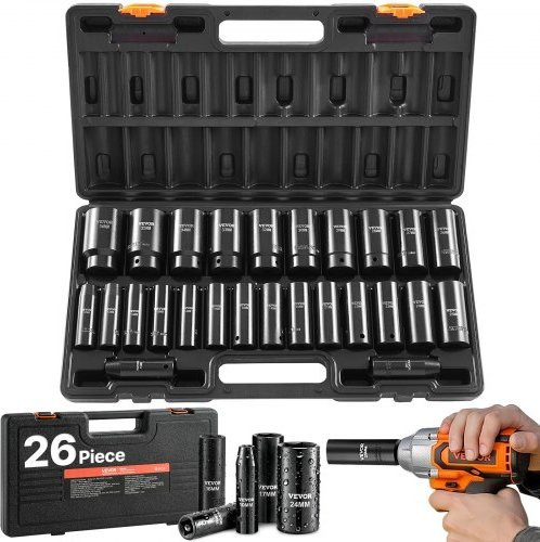 VEVOR Schlagschrauber Nüsse Set 26-teilig, 1/2 Zoll, Sechskant-Steckschlüssel Metrisch 10–30 mm und 32–36 mm, aus Chrom-Vanadium-Stahl in Schwarz mit Koffer - Bild 1