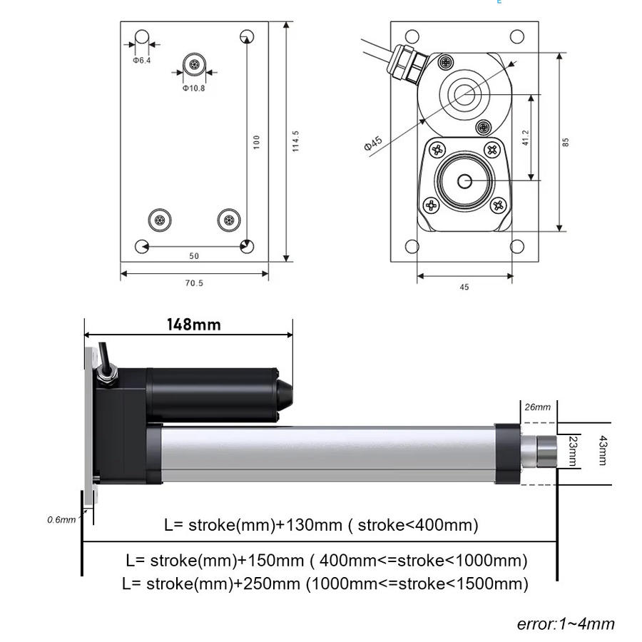 DIHOOL DHLA4000 Elektrischer Linearantrieb mit Edelstahl-Innenrohr für flache Bodeninstallation, Hub: 150 mm bis 1000 mm - Bild 4