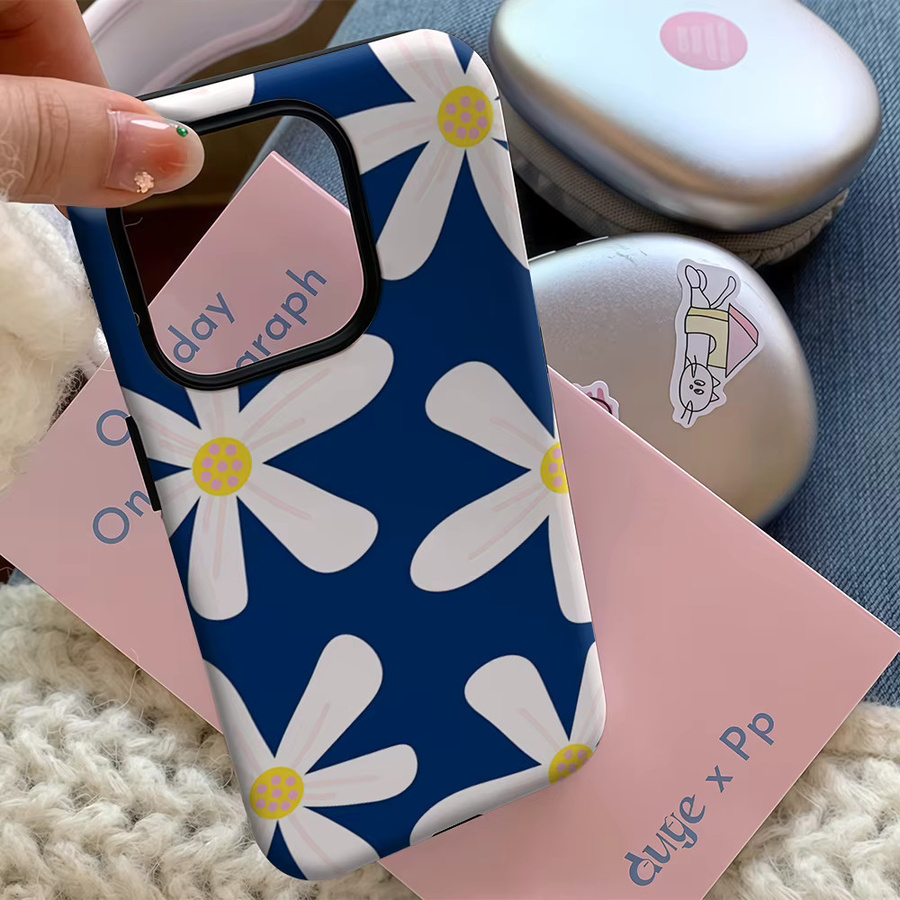 Handyhülle mit weißem Gänseblümchen-Design für Apple iPhone 11 bis iPhone 17 Pro Max Plus, doppelschichtige Rückseite, weiß und blau - Bild 5