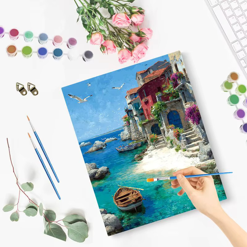 PhotoCustom Malen nach Zahlen Set mit mediterraner Meereslandschaft auf Leinwand, Mehrfarbig, DIY Wandkunst für Erwachsene - Bild 2