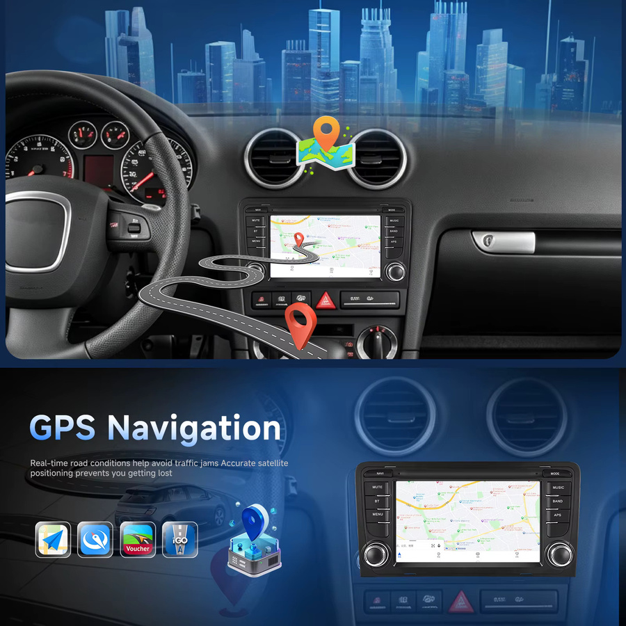 Podofo 7 Zoll 2 Din Autoradio mit Wireless CarPlay, 2+64G Speicher, WiFi, GPS und AI DSP für Audi A3 S3 in Schwarz - Bild 2