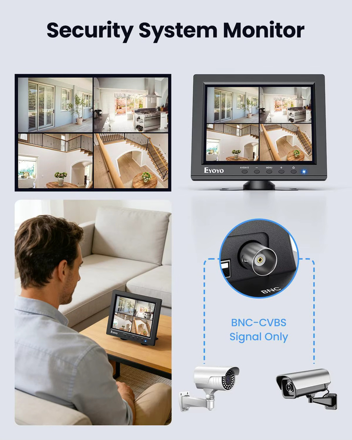 Eyoyo 8-Zoll Überwachungskamera-Monitor in Schwarz mit 1024x768 Auflösung, HDMI, VGA, BNC, AV und USB Anschlüssen sowie integrierten Lautsprechern - Bild 4