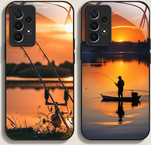 Handyhülle mit Angelrute bei Sonnenuntergang Motiv aus gehärtetem Glas für Samsung Galaxy A56 A72 A55 A54 A53 A52 A36 A14 A15 A50 in Multicolor - Bild 1