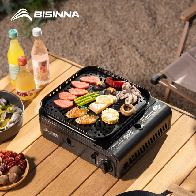 BISINNA Camping-Gaskocher mit Grillplatte, tragbarer Butan-Gaskocher für Outdoor, Picknick und Reisen, Schwarz, 3500 W Leistung - Bild 1