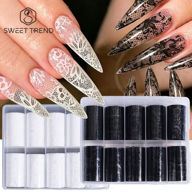 SWEET TREND Nageltransferfolien Schwarz/Weiße Spitzenblumen, 1 Box - Bild 1