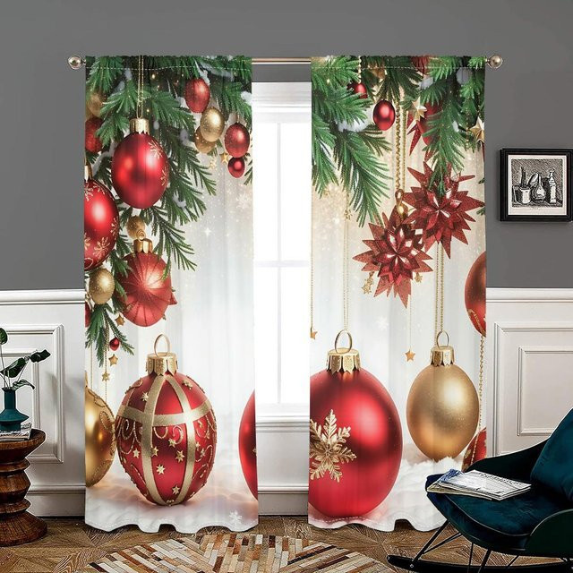 2er-Set Weihnachtskugel Vorhänge zur Verdunkelung in Braun und Rot, B: 150 cm, H: 166 cm - Bild 1
