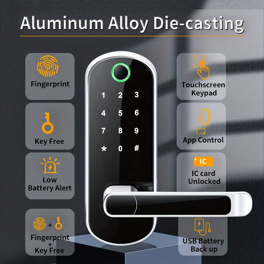 Intelligentes Fingerabdruck-Türschloss von L.AOL.AU in Schwarz mit App-Fernbedienung, WIFI, digitalem Touchscreen, NFC und IP67 Wasserdichtigkeit inklusive 2 IC-Karten - Bild 4