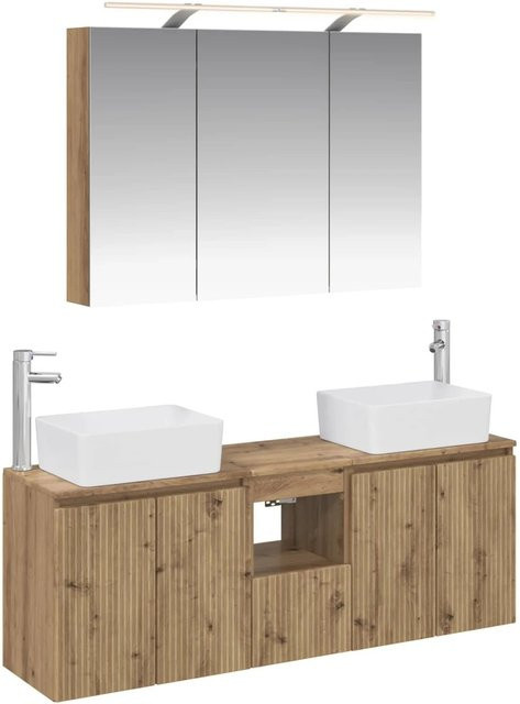 vidaXL Badezimmerschrank-Set 4-teilig in Artisan-Eiche, modern, braun, mit Waschtischunterschrank, Wandunterschrank, Spiegelschrank mit LED-Beleuchtung und internen Regalen - Bild 1