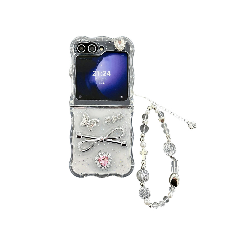 Vover 3D Bowknot Handyhülle mit Edelstein und Glitter für Samsung Galaxy Z Flip 7 6 5 4 3, transparent mit Kette und stoßfestem Schutz - Bild 4