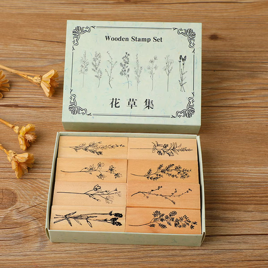 8er Set Holzstempel mit Pflanzen- und Blumenmotiven in Mehrfarben für DIY Scrapbooking, Alben und Grußkarten - Bild 3