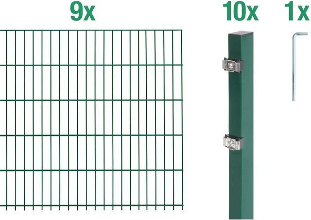Metallzaun Doppelstabmatte Grund-Set aus Stahl, grün beschichtet, für Erdverlegung, Breite: 9 m, Höhe: 1,4 m - Bild 1